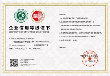 【喜讯】冶建公司连续12年获评为建筑装饰行业信用AAA企业